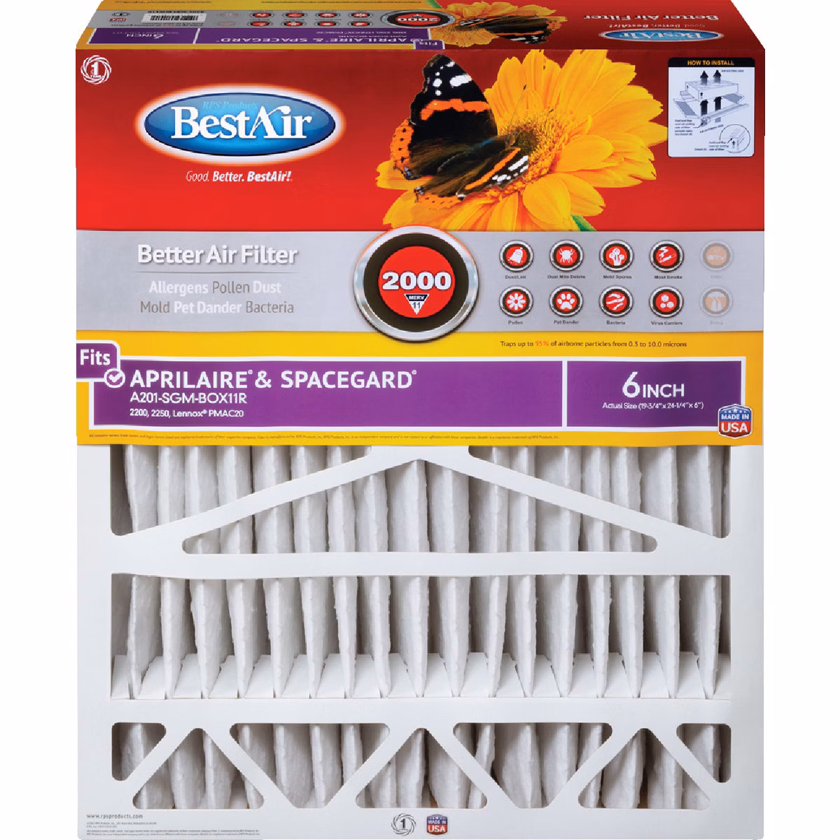 BestAir 20 In. x 25 In. x 6 In. Aprilaire & SpaceGard MERV 11 Deep Pleat Furnace Filter with Cardboard Frame