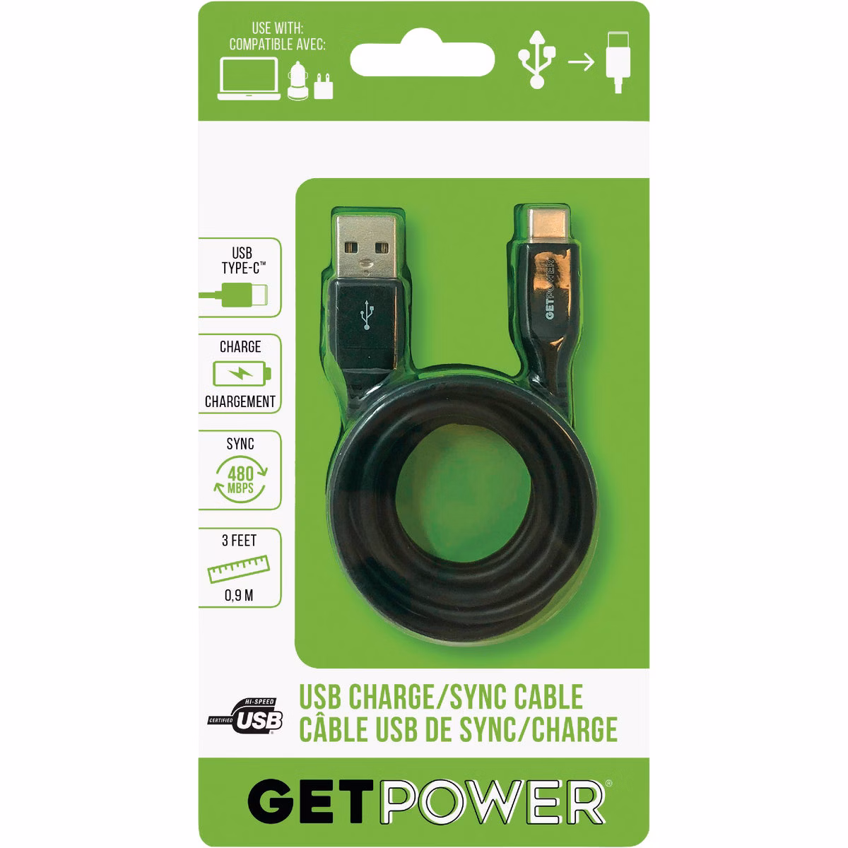 GetPower 3 Ft. Black USB-C to USB-A Charge/Sync Cable