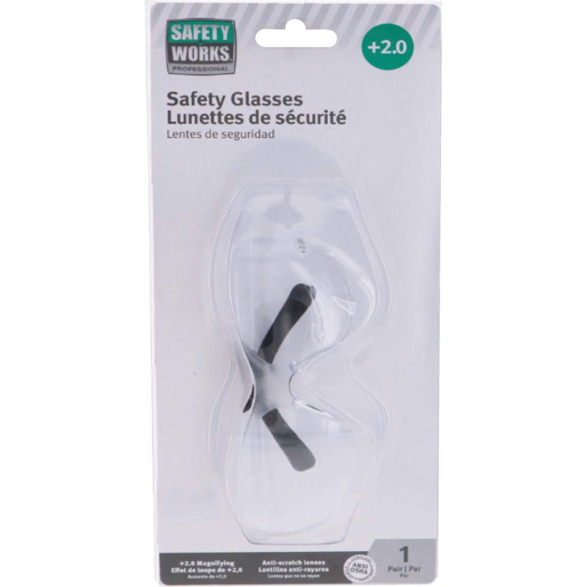 Safety Works 2.0 Diopter Magnifying Clear Frame Safety Glasses with Clear Anti-Scratch Lenses