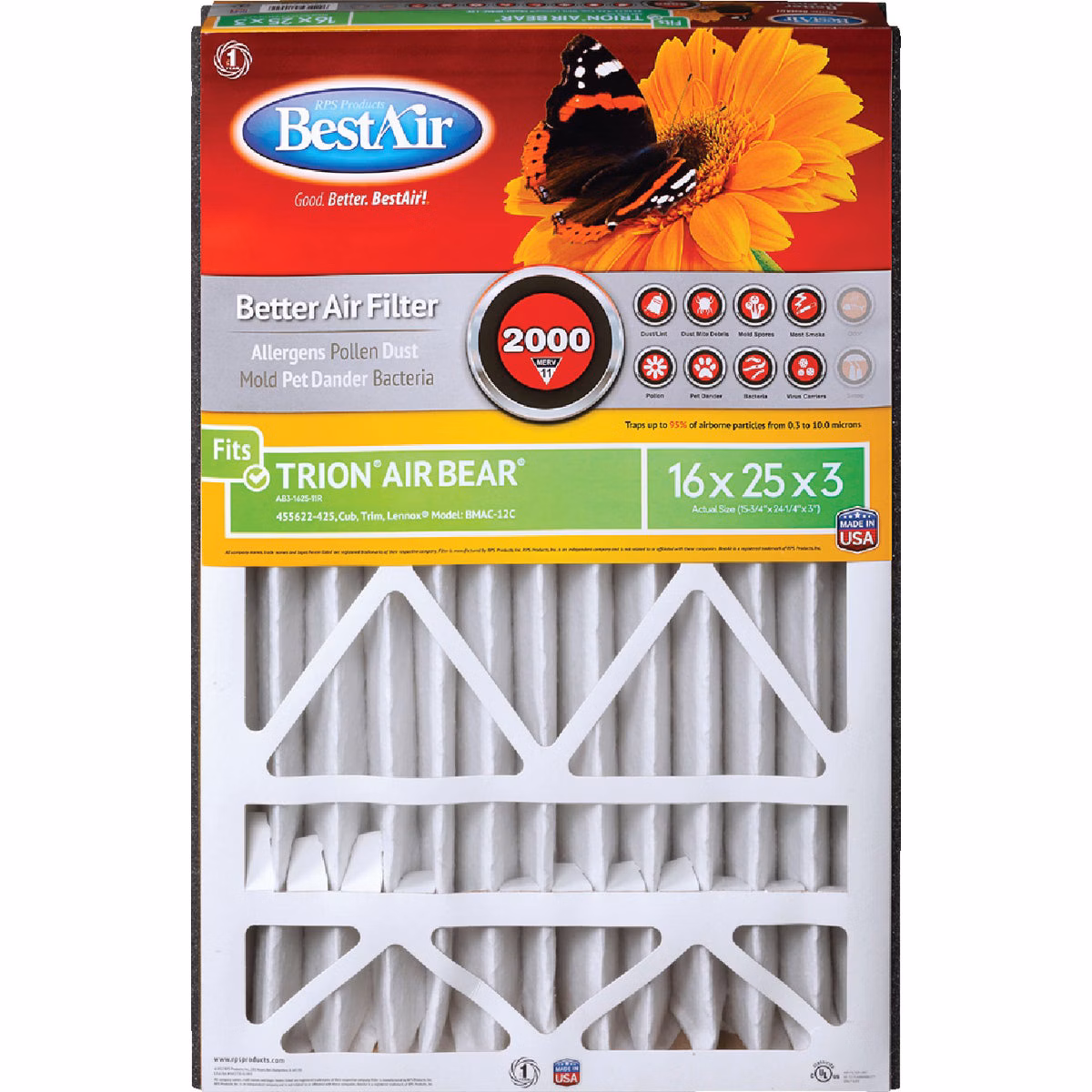BestAir 16 In. x 25 In. x 3 In. Trion Air Bear MERV 11 Deep Pleat Furnace Filter