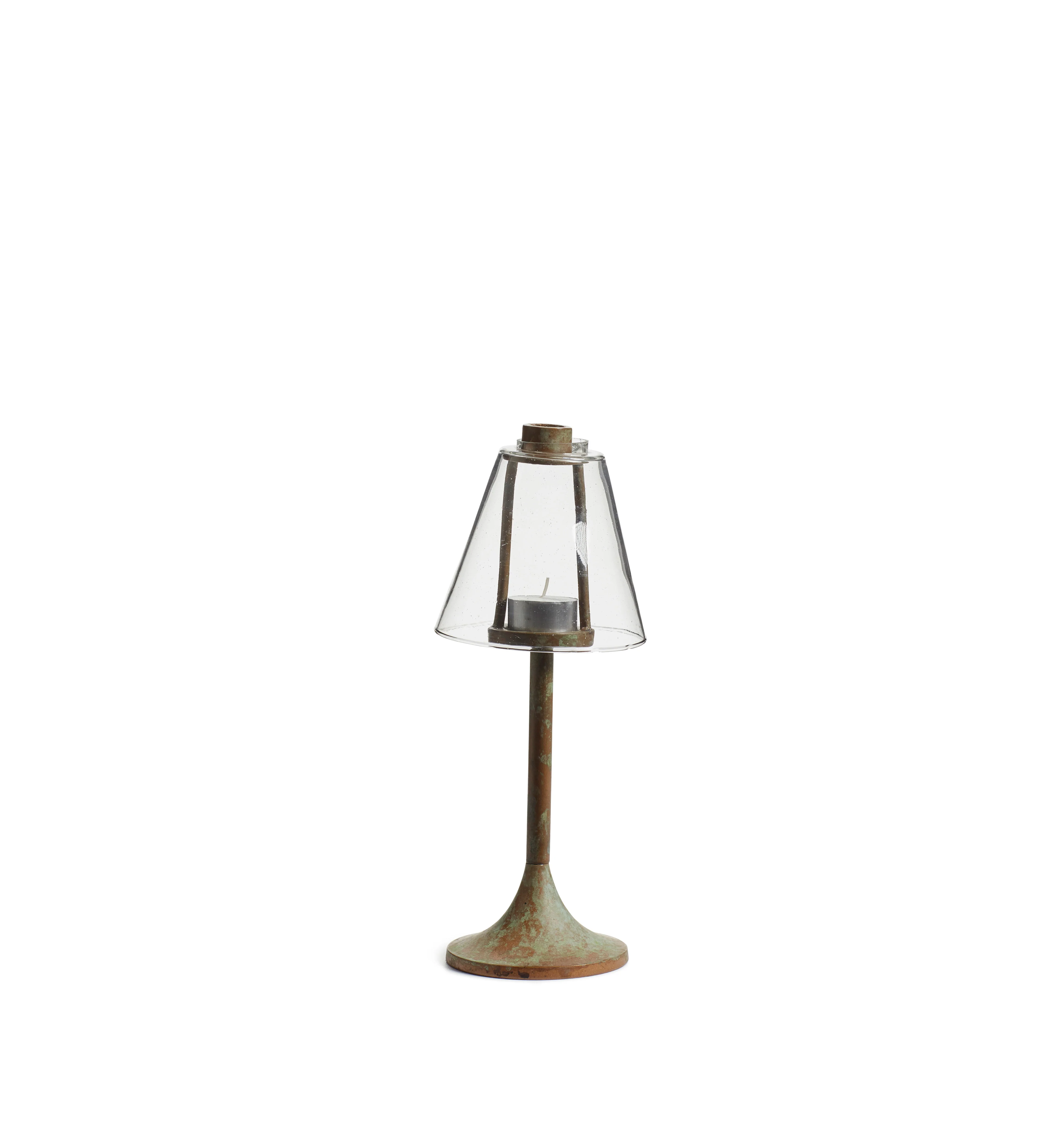 Foundry Candle Holder with Glass Lampshade – Verdigris