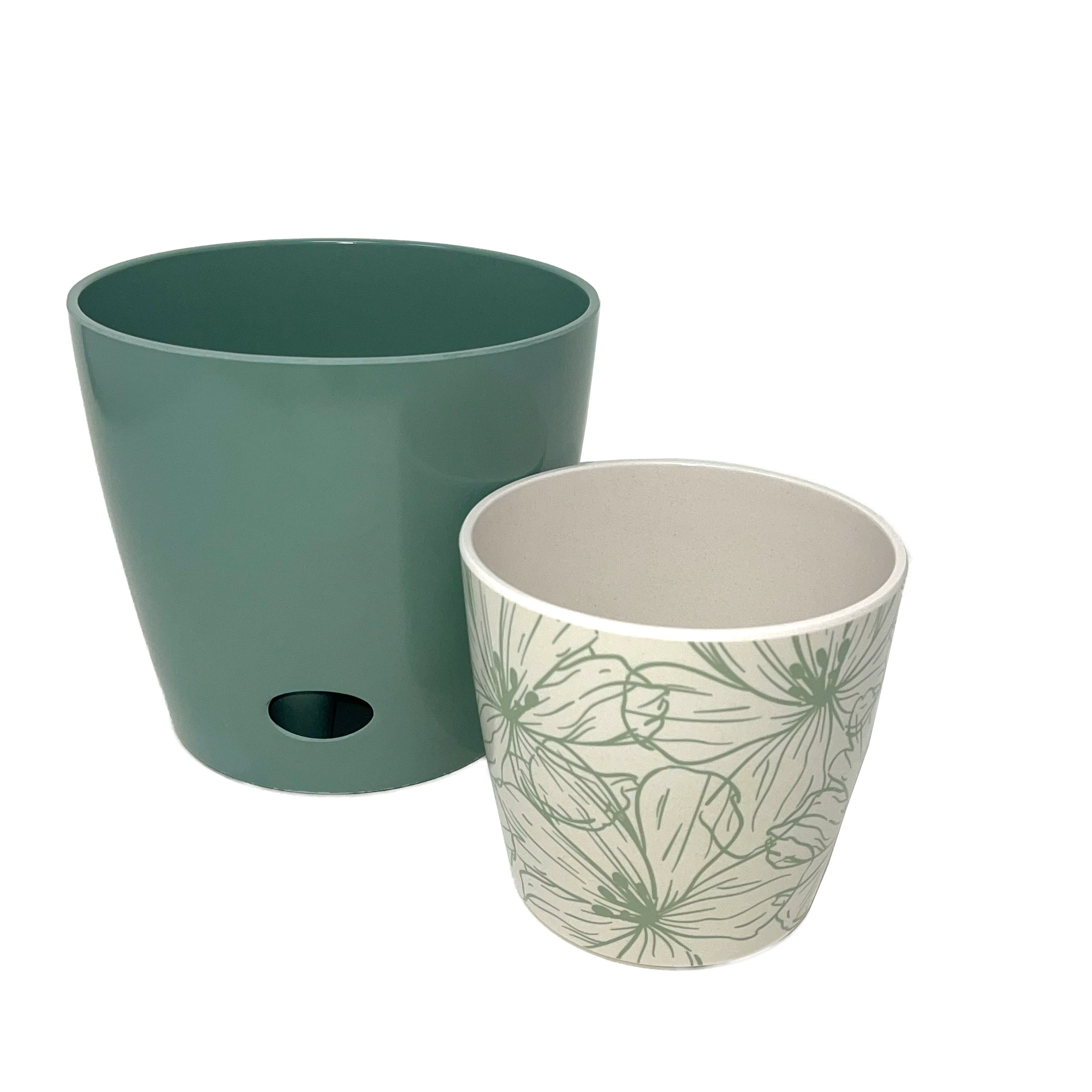 Self-Watering Plant Pot Set of 2 5″ Green Flower & 7″ Sage Green