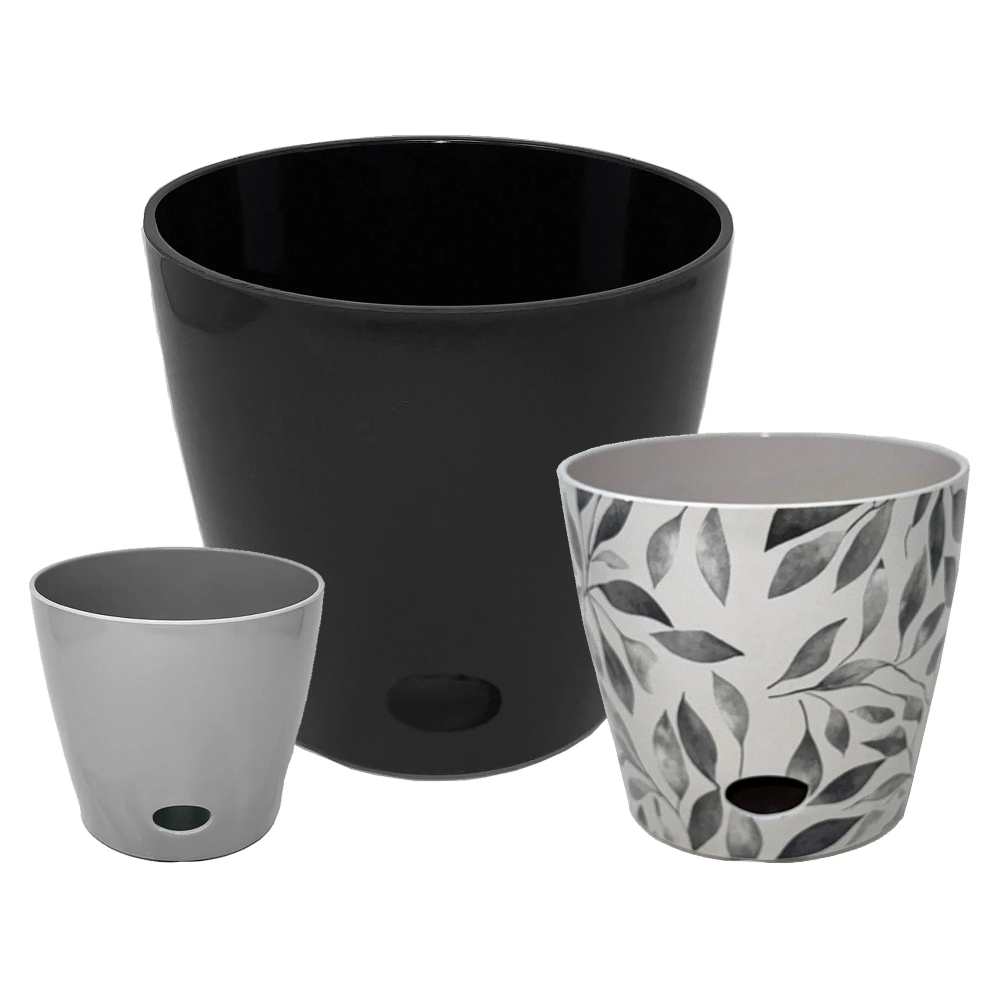 Self-Watering Plant Pot Set of 3 5″ Gray 7″ Gray Leaves 10″ Black