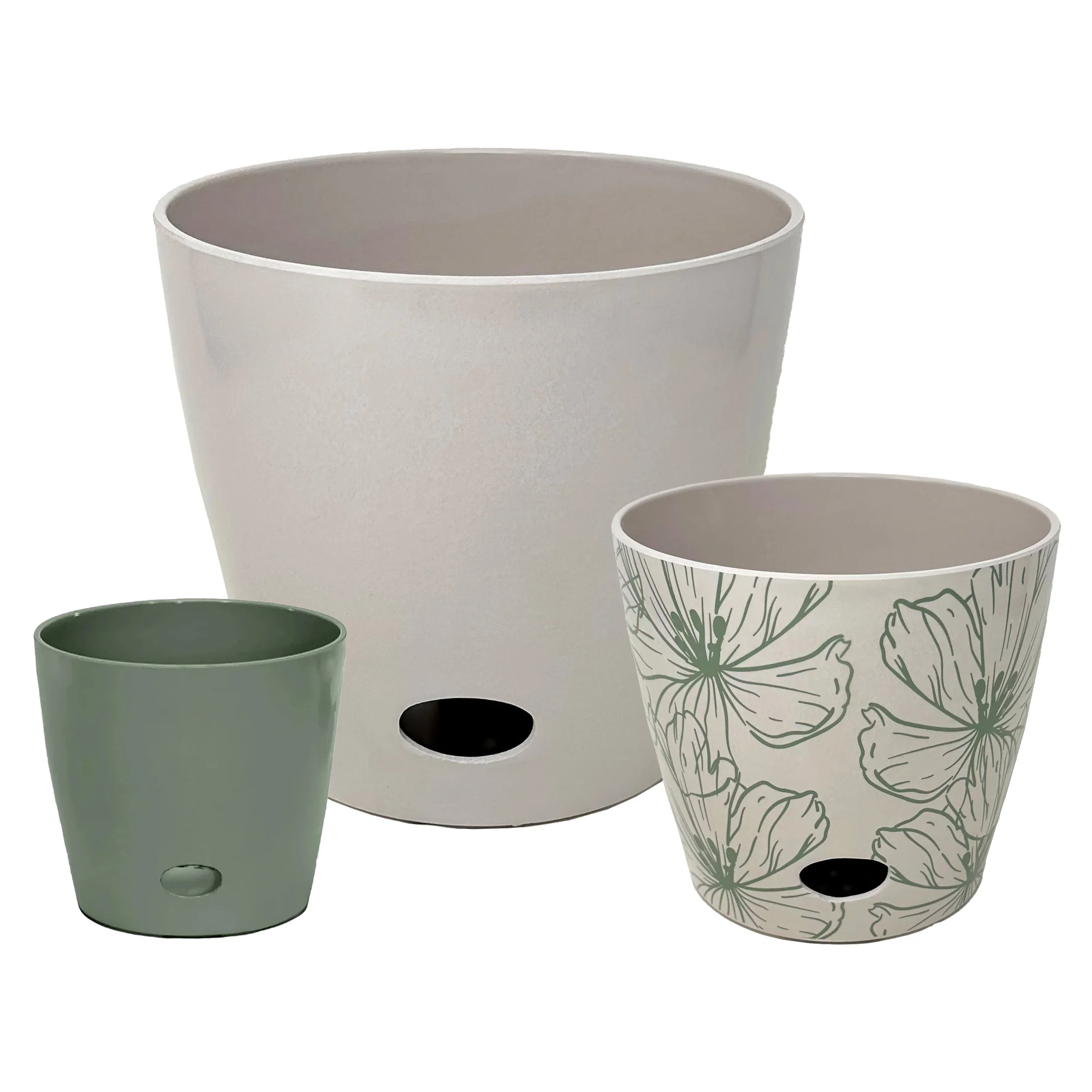 Self-Watering Plant Pot Set of 3 5″ Sage Green 7″ Green Flower 10″ Cream