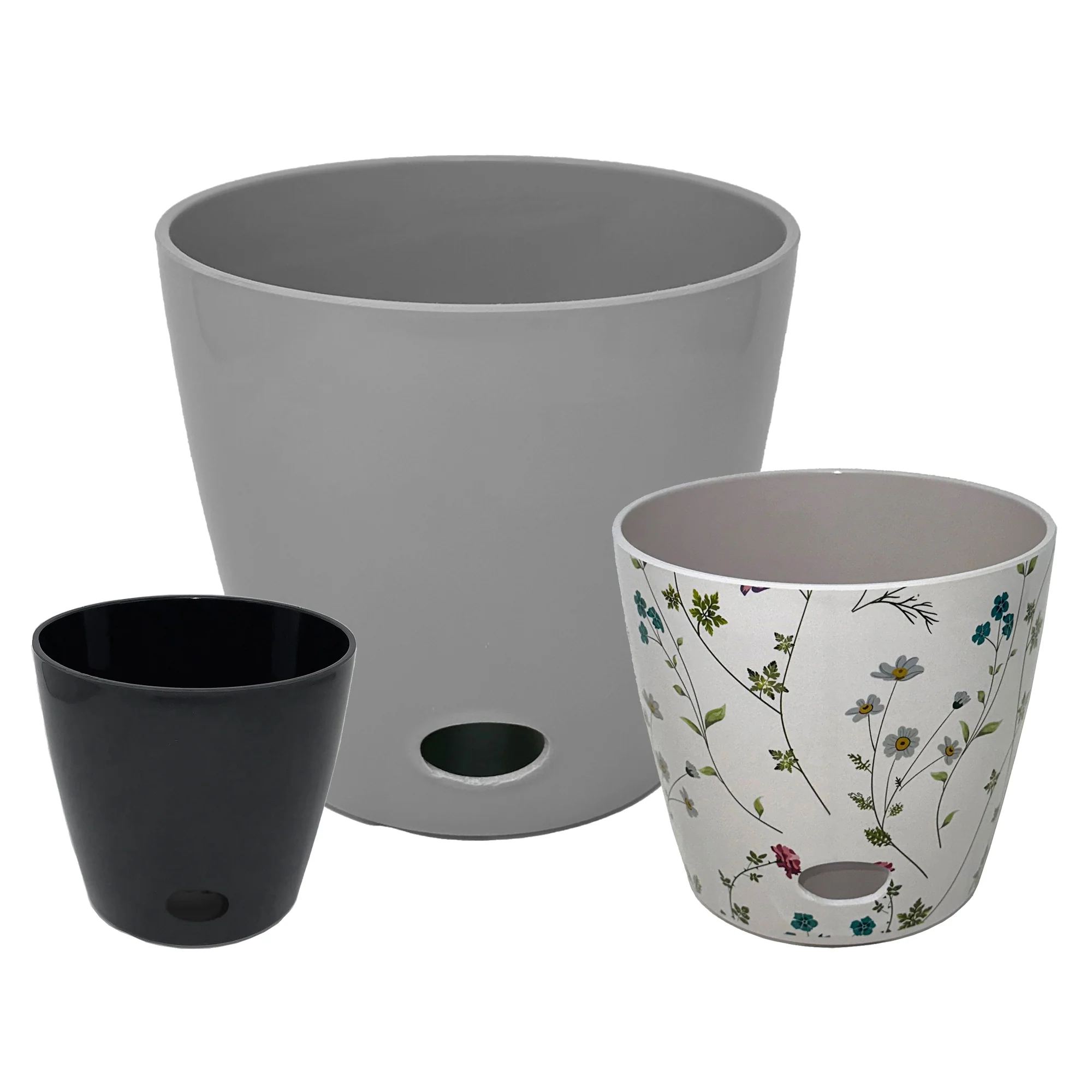 Self-Watering Plant Pot Set of 3 5″ Black 7″ Wildflower 10″ Gray