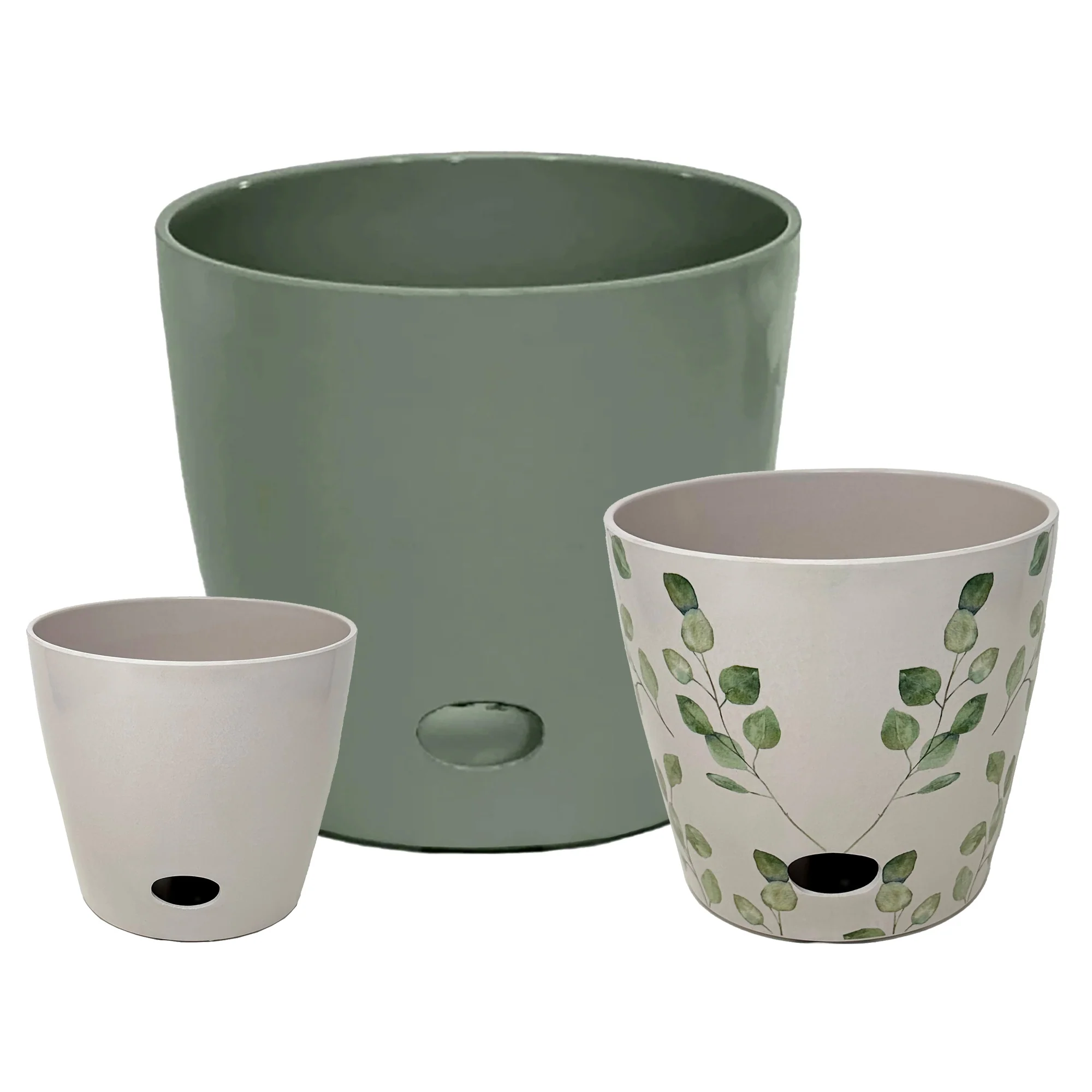Self-Watering Plant Pot Set of 3 5″ Cream 7″ Green Leaves 10″ Sage Green