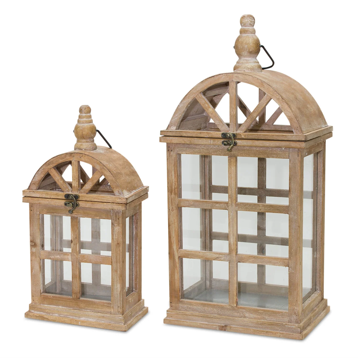 Natural Wooden Lantern with Curved Top (Set of 2)