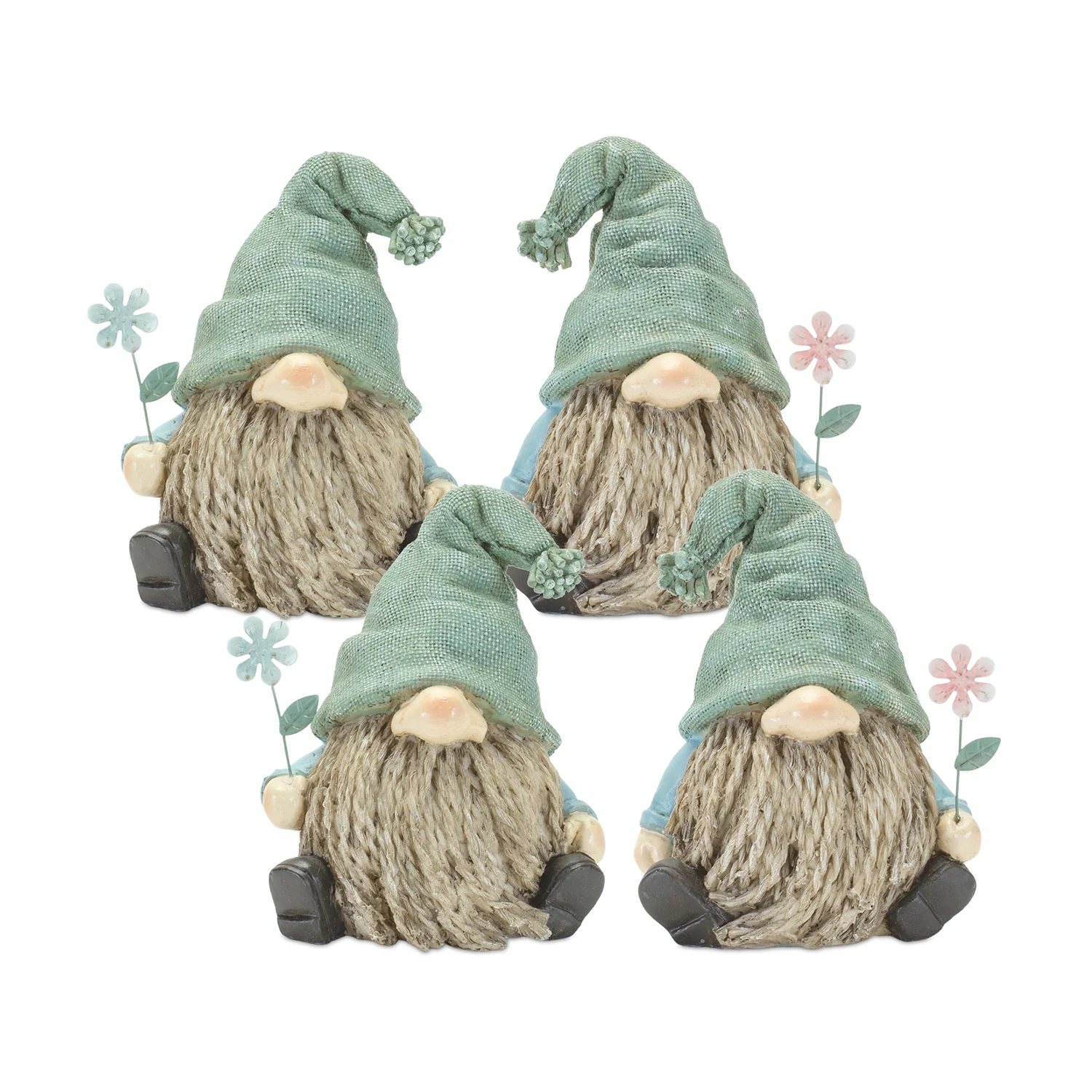 Stone Garden Gnome Figurine with Flower Stem Accent (Set of 4)
