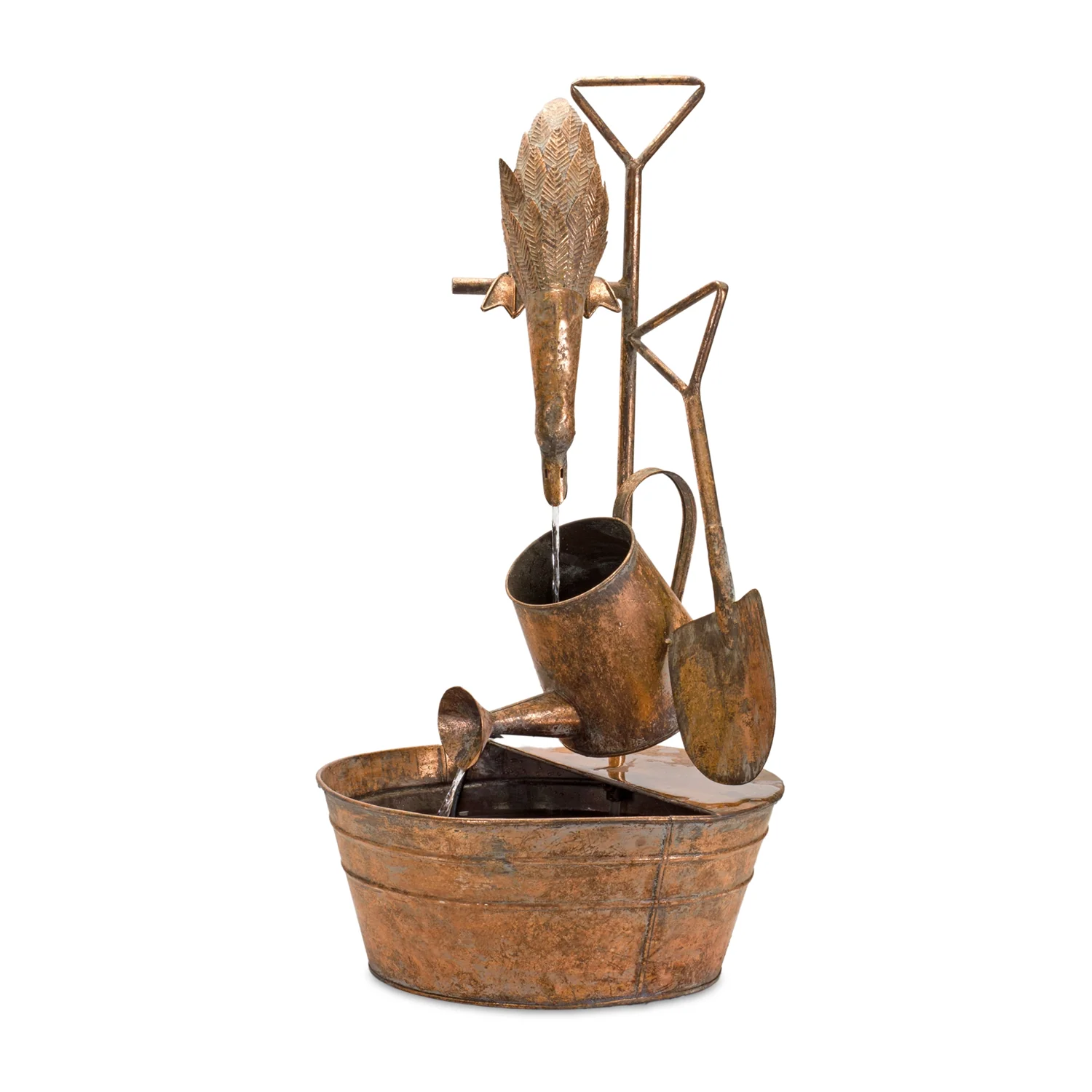 Rustic Metal Fountain with Duck and Watering Can 33″H