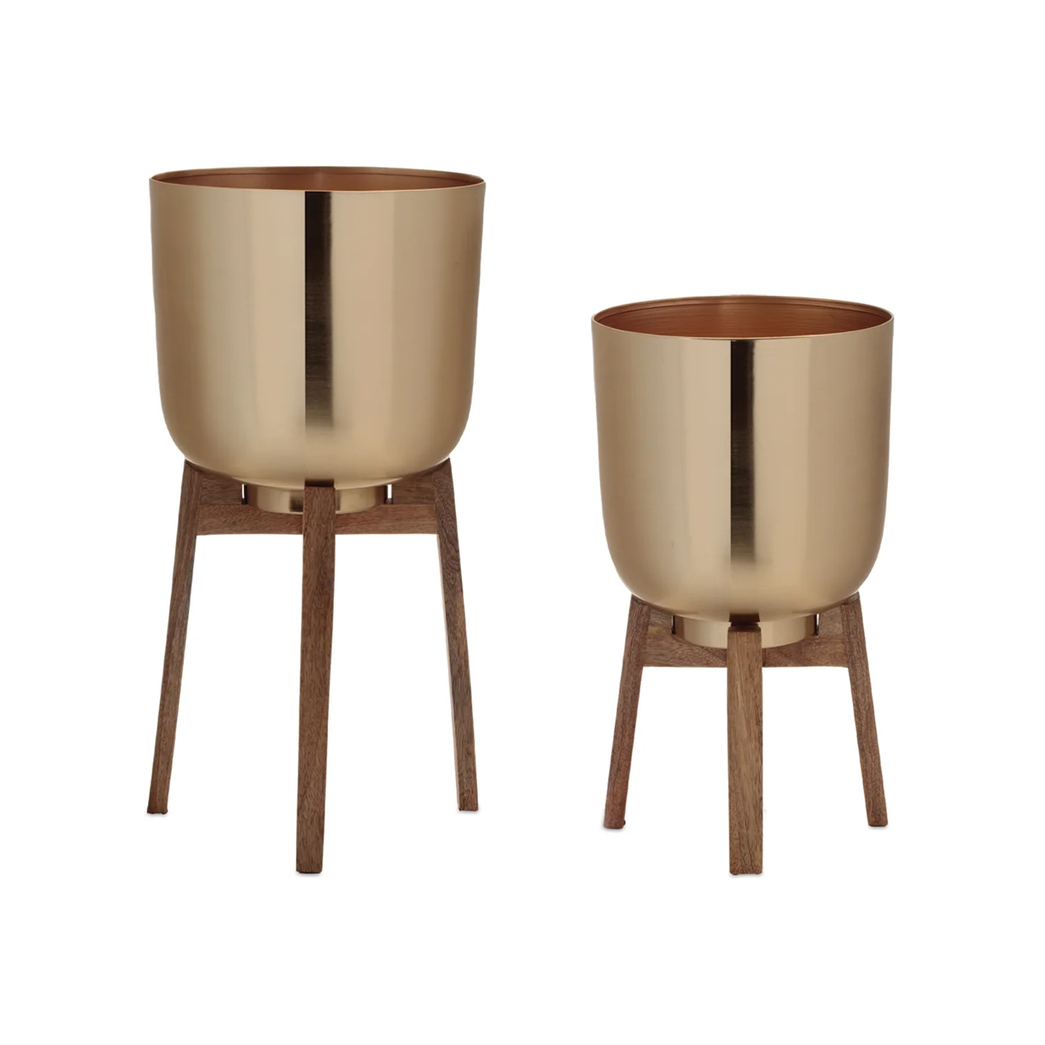 Round Metal Planter with Wooden Stand (Set of 2)