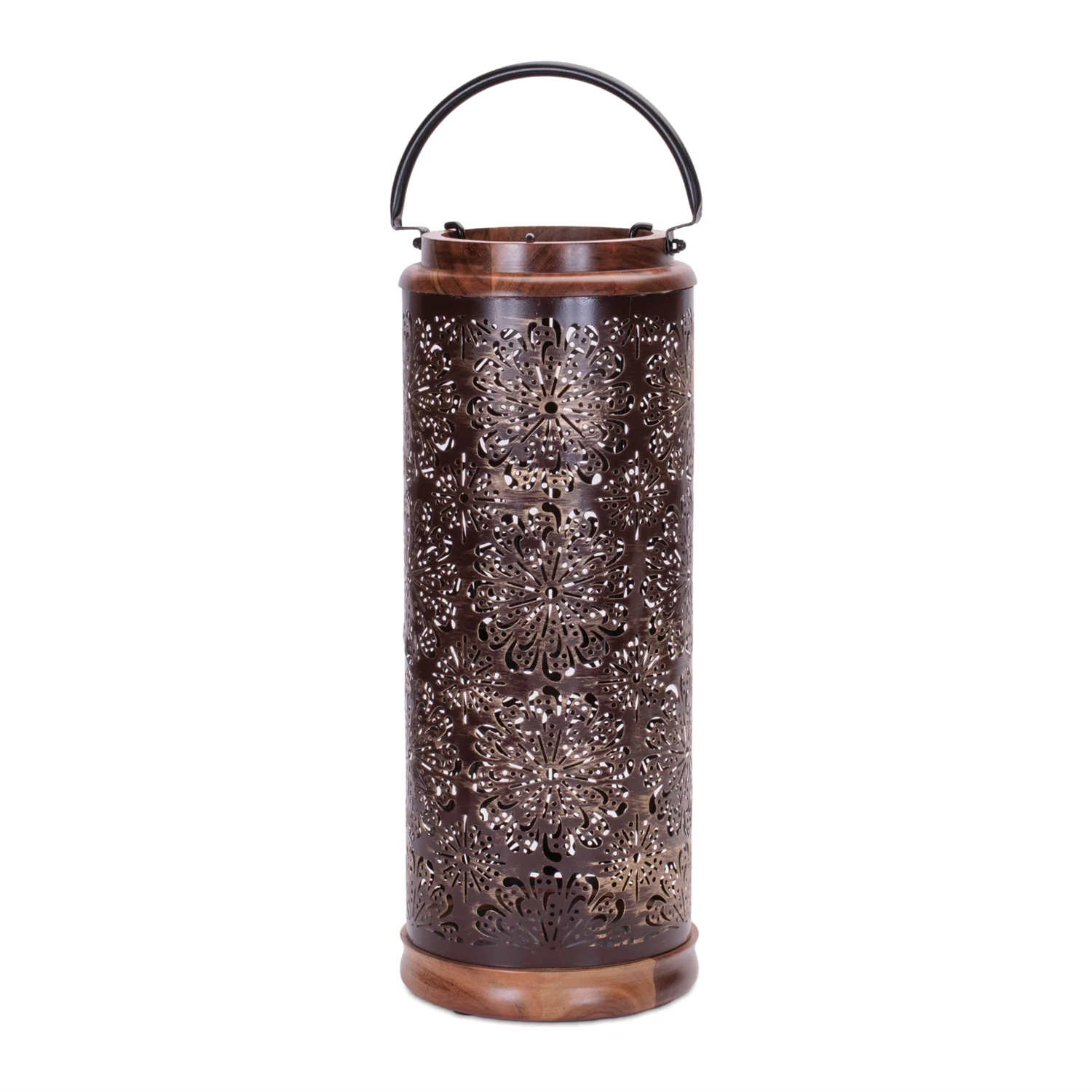 Punched Metal Lantern with Natural Wood Accents 19″H