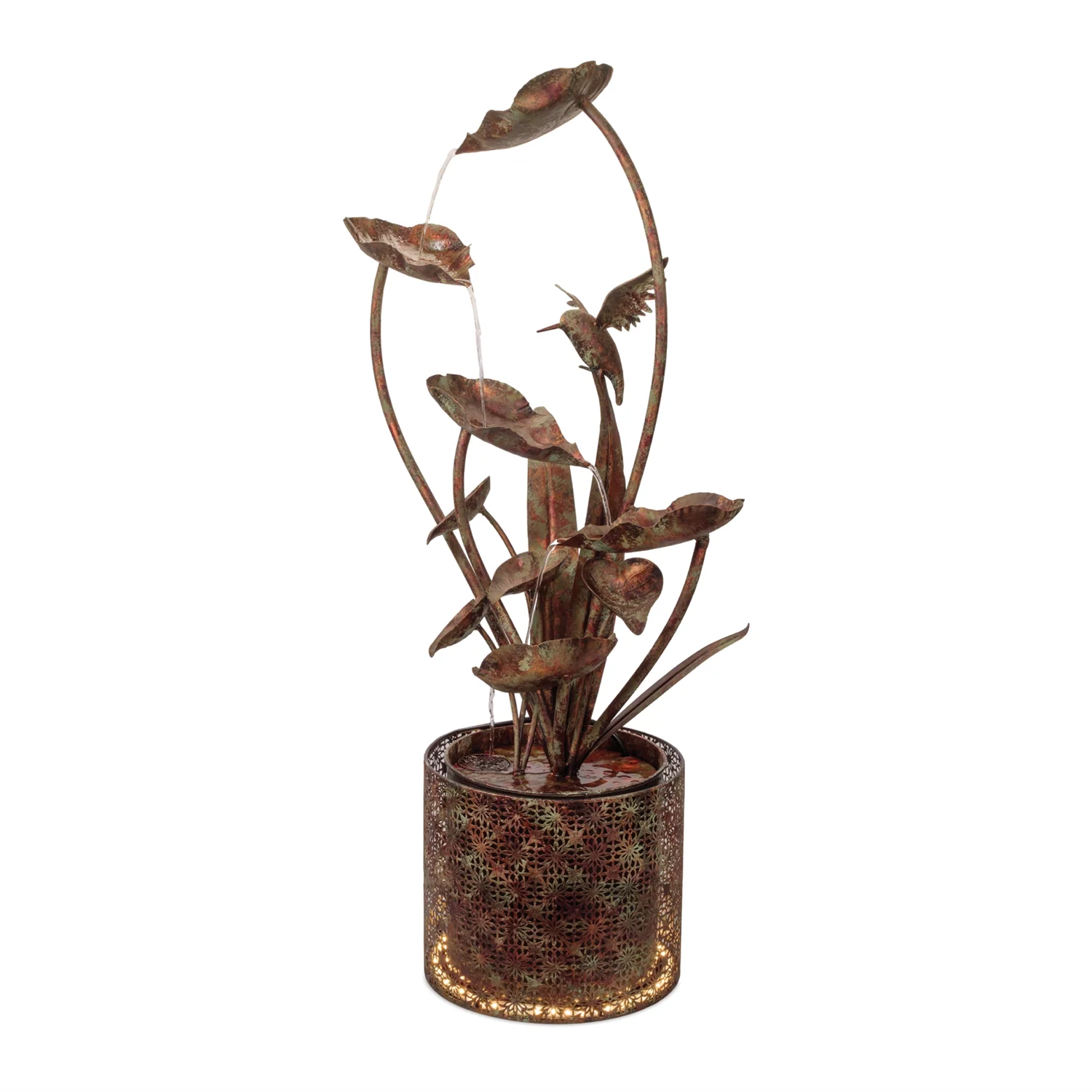 Cascading Iron Hummingbird and Leaf Fountain 42″H